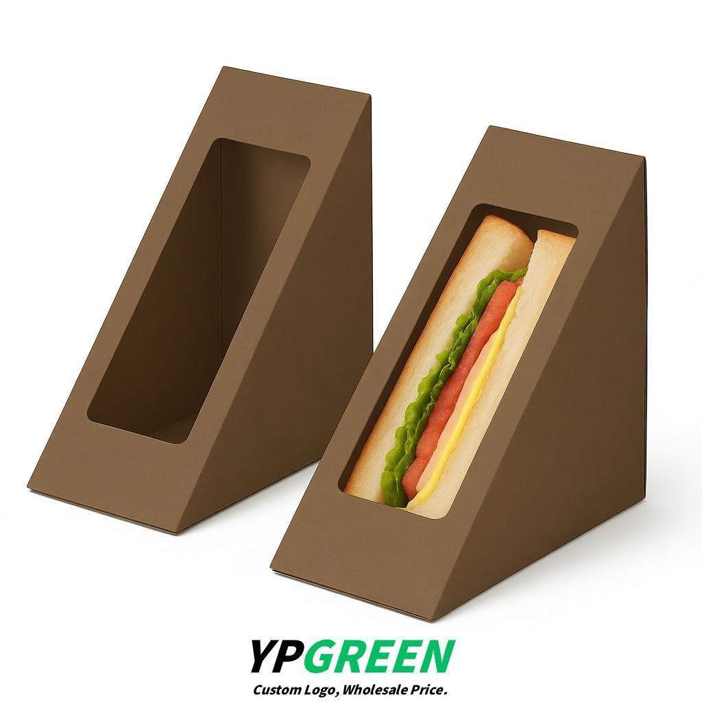 Taupe Triangle Paper Sandwich Boxes with Window 4.7x4.7x2.6 Inch - Factory Direct