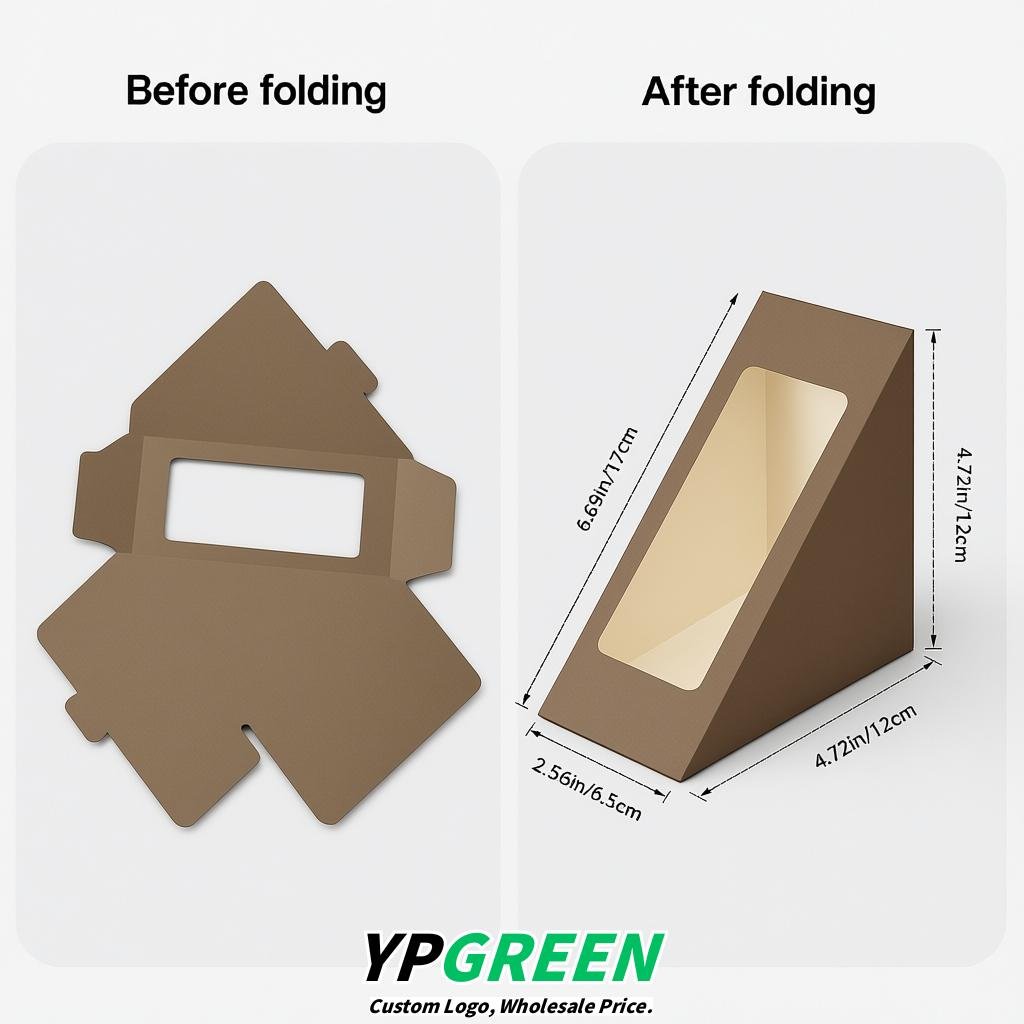 Taupe Triangle Paper Sandwich Boxes with Window 4.7x4.7x2.6 Inch - Factory Direct