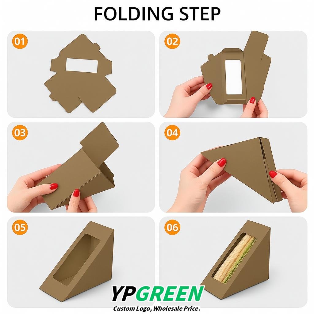 Taupe Triangle Paper Sandwich Boxes with Window 4.7x4.7x2.6 Inch - Factory Direct