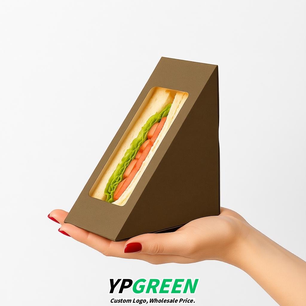 Taupe Triangle Paper Sandwich Boxes with Window 4.7x4.7x2.6 Inch - Factory Direct