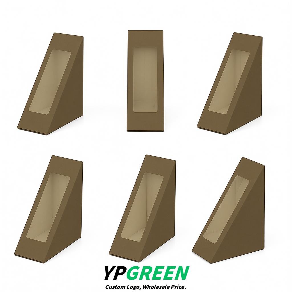Taupe Triangle Paper Sandwich Boxes with Window 4.7x4.7x2.6 Inch - Factory Direct