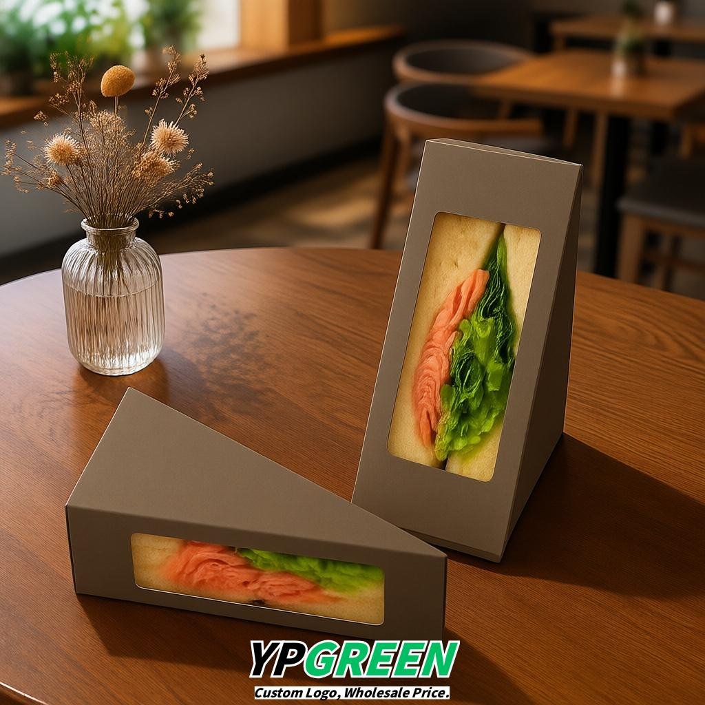 Taupe Triangle Paper Sandwich Boxes with Window 4.7x4.7x2.6 Inch - Factory Direct