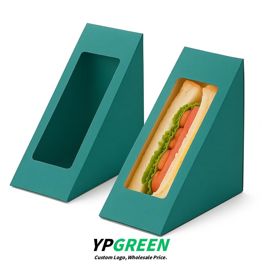 Teal Triangle Paper Sandwich Boxes with Window 4.7x4.7x2.6 Inch - Factory Direct