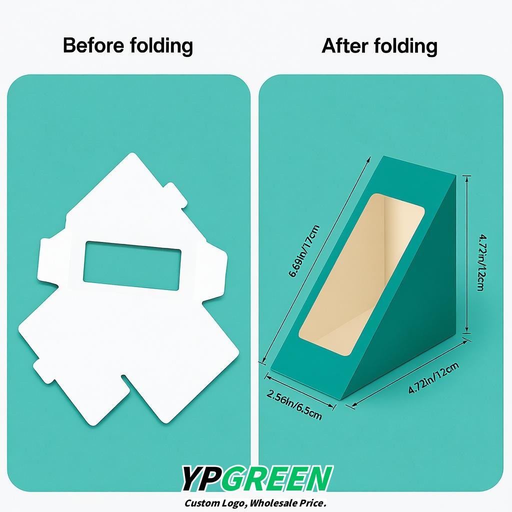 Teal Triangle Paper Sandwich Boxes with Window 4.7x4.7x2.6 Inch - Factory Direct