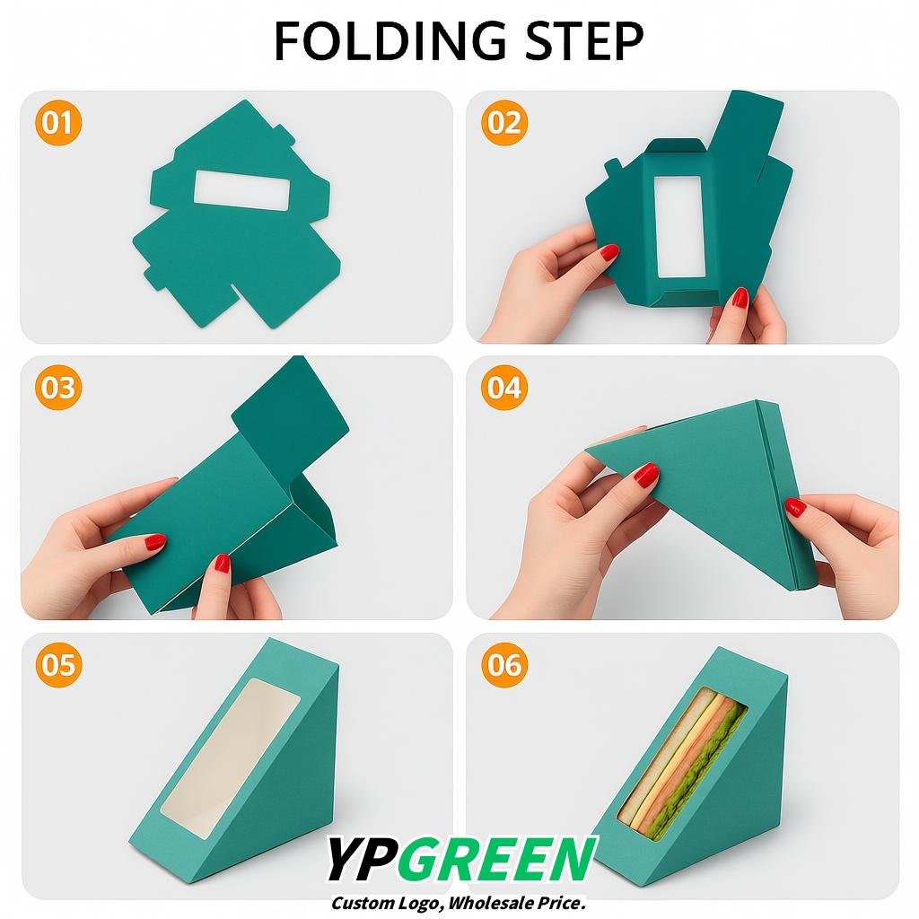 Teal Triangle Paper Sandwich Boxes with Window 4.7x4.7x2.6 Inch - Factory Direct