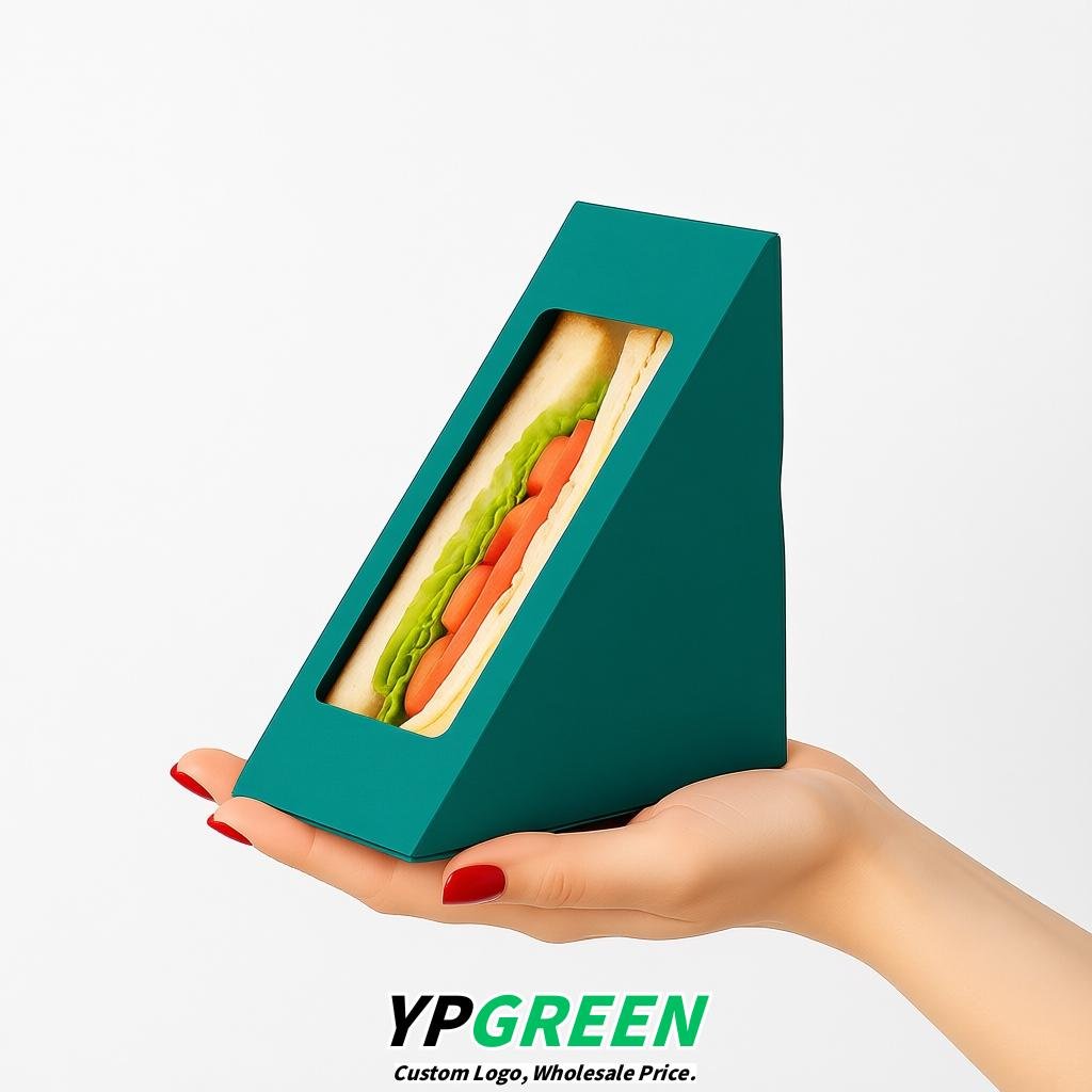 Teal Triangle Paper Sandwich Boxes with Window 4.7x4.7x2.6 Inch - Factory Direct