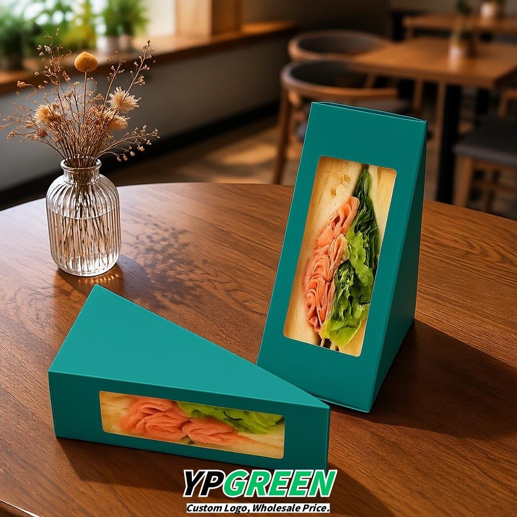 Teal Triangle Paper Sandwich Boxes with Window 4.7x4.7x2.6 Inch - Factory Direct