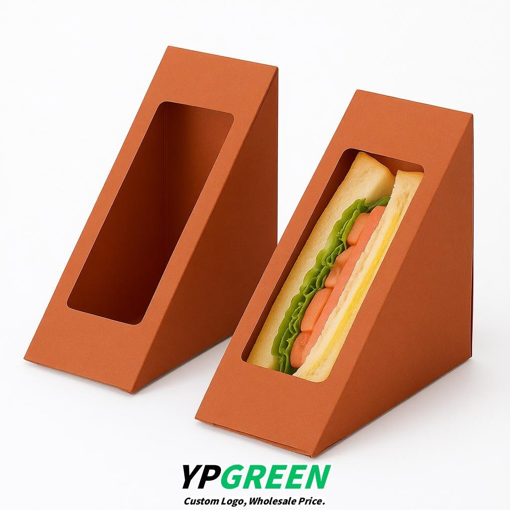 Terracotta Triangle Paper Sandwich Boxes with Window 4.7x4.7x2.6 Inch - Factory Direct