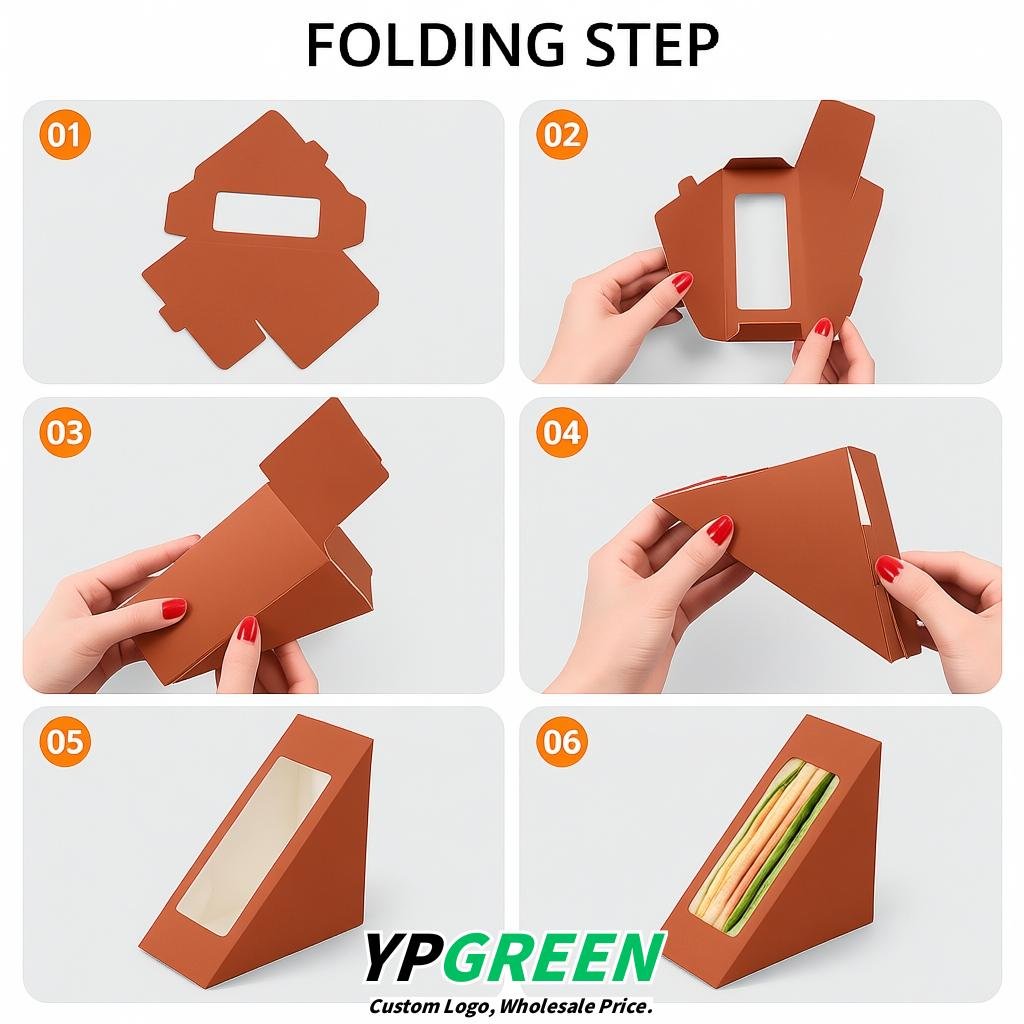 Terracotta Triangle Paper Sandwich Boxes with Window 4.7x4.7x2.6 Inch - Factory Direct