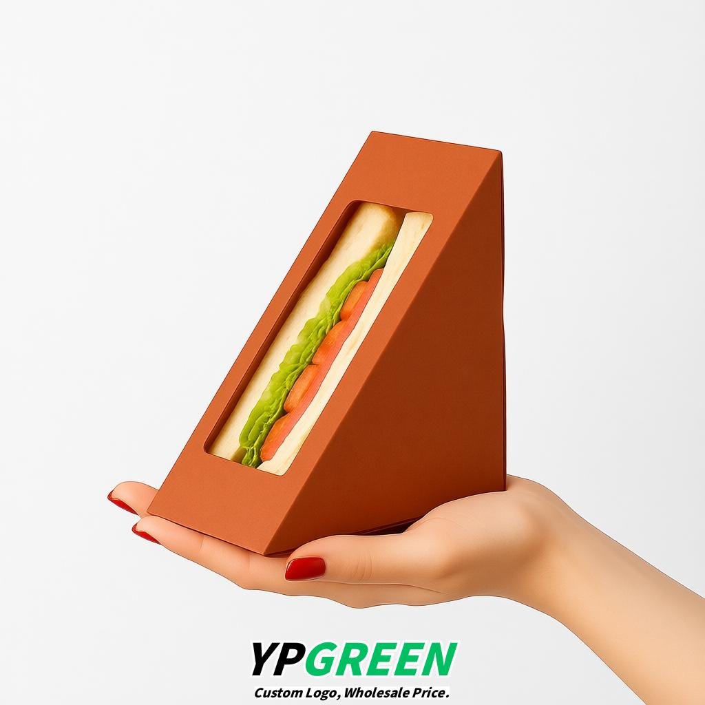 Terracotta Triangle Paper Sandwich Boxes with Window 4.7x4.7x2.6 Inch - Factory Direct