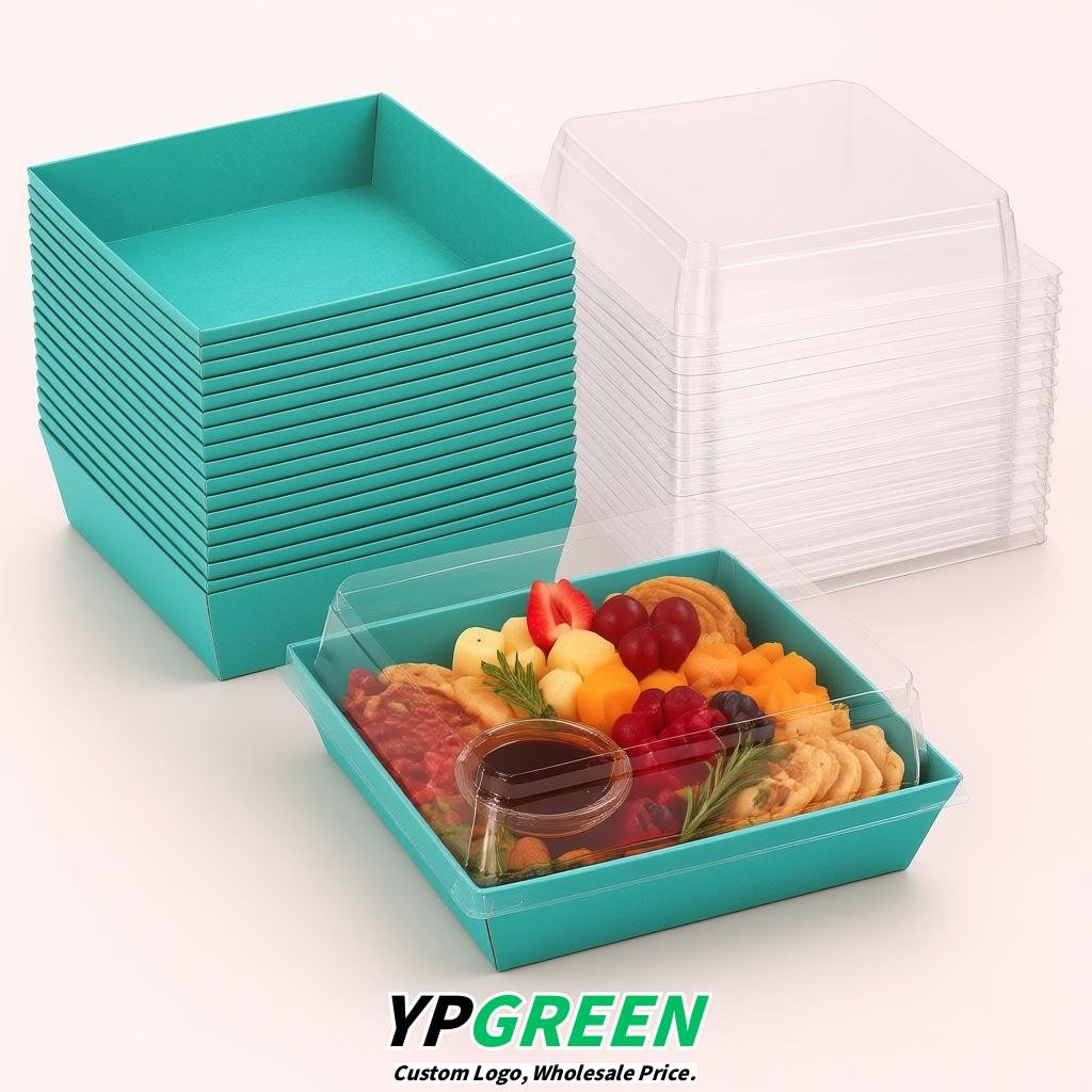 Turquoise Charcuterie Boxes with Clear Lids - 4 inches & 5 inches Disposable Paper Square Food Containers