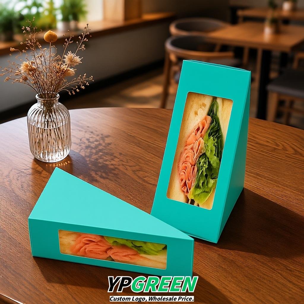 Turquoise Triangle Paper Sandwich Boxes with Window 4.7x4.7x2.6 Inch - Factory Direct