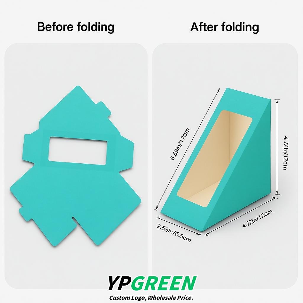 Turquoise Triangle Paper Sandwich Boxes with Window 4.7x4.7x2.6 Inch - Factory Direct