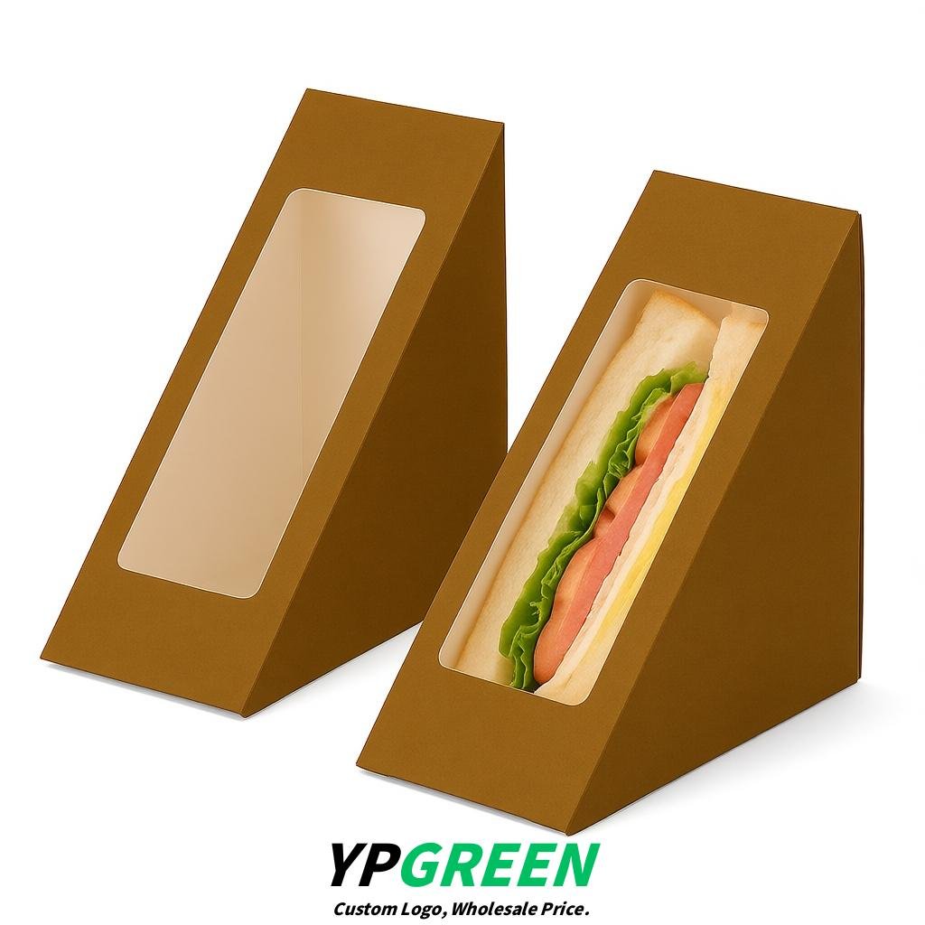 Umber Triangle Paper Sandwich Boxes with Window 4.7x4.7x2.6 Inch - Factory Direct