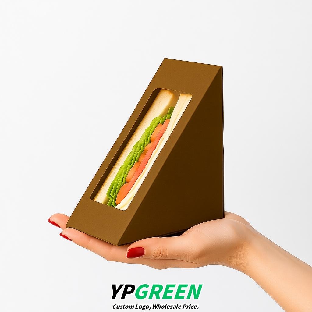 Umber Triangle Paper Sandwich Boxes with Window 4.7x4.7x2.6 Inch - Factory Direct