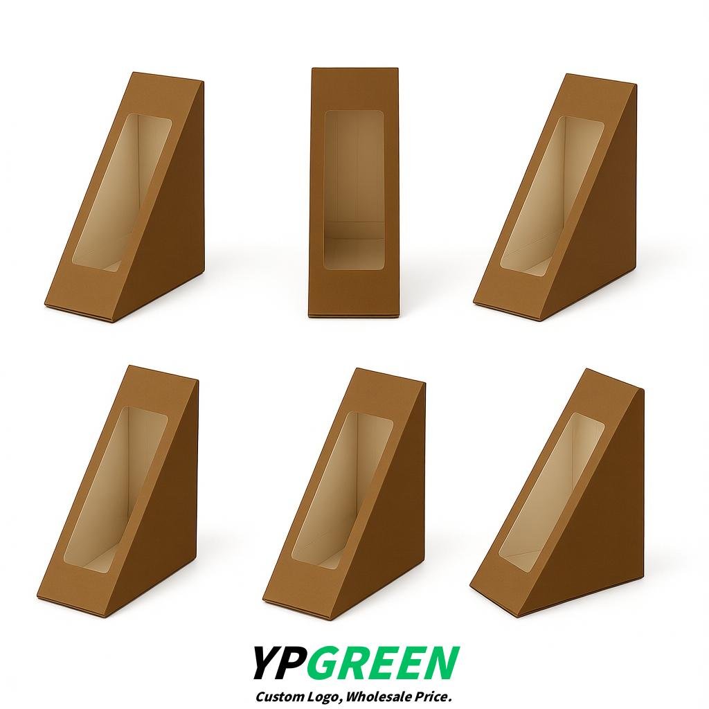 Umber Triangle Paper Sandwich Boxes with Window 4.7x4.7x2.6 Inch - Factory Direct