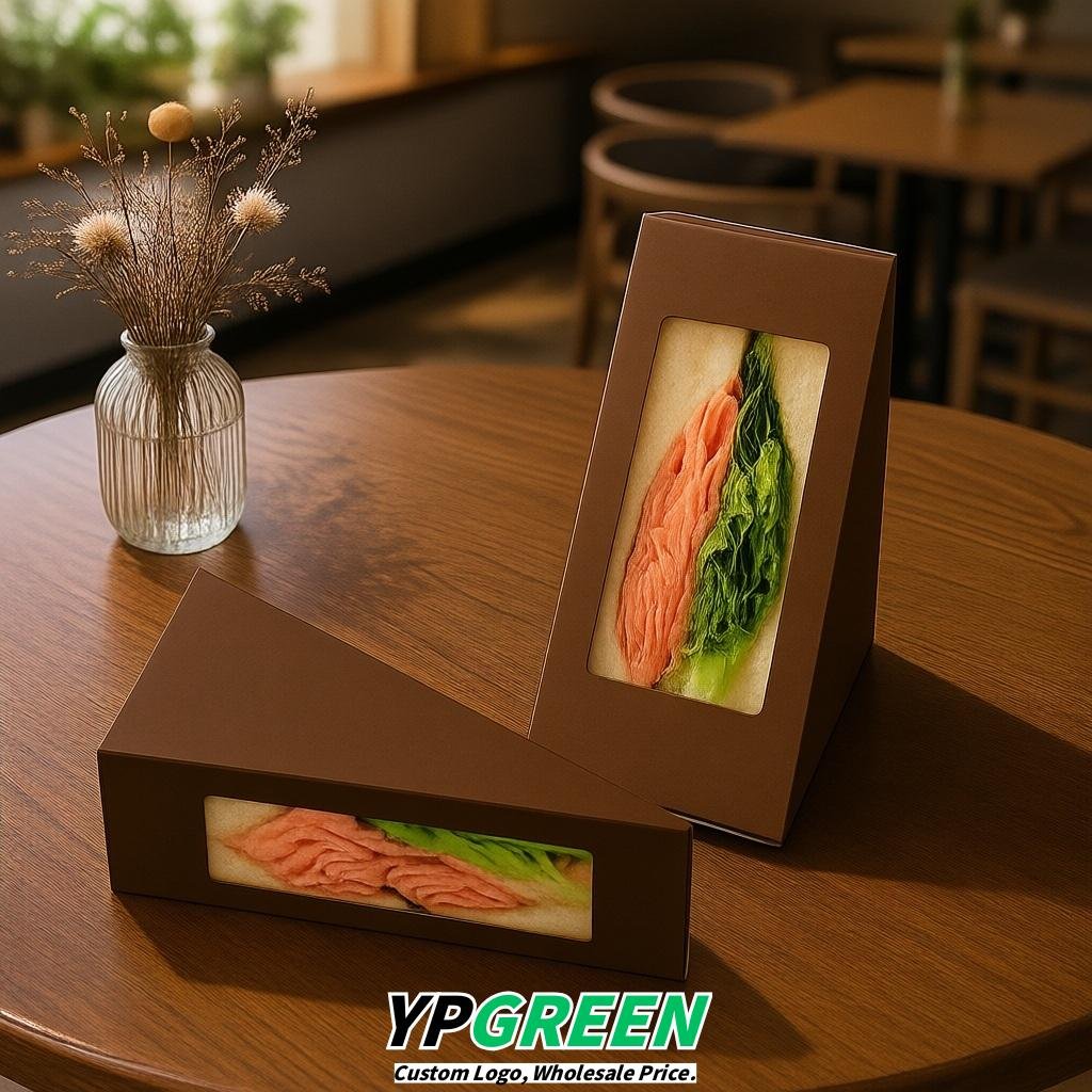 Umber Triangle Paper Sandwich Boxes with Window 4.7x4.7x2.6 Inch - Factory Direct