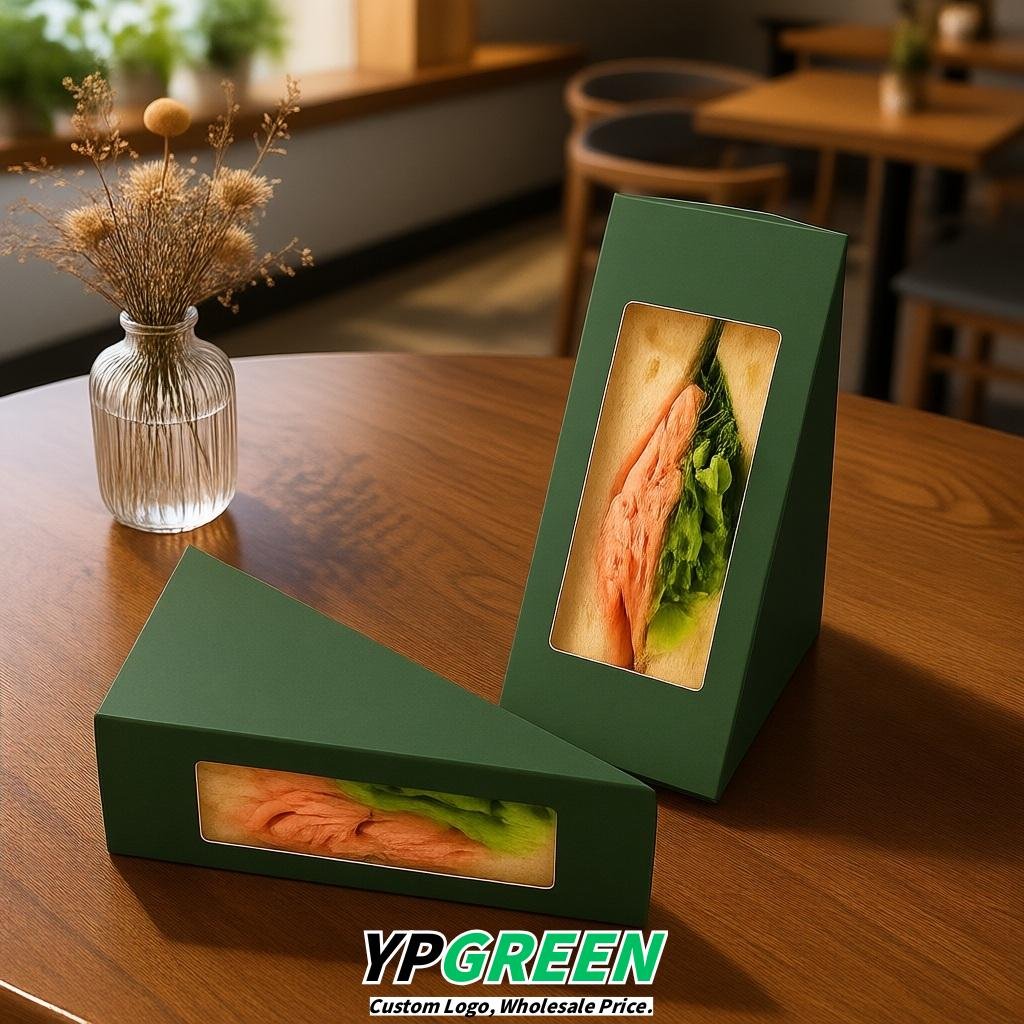 Verdigris Triangle Paper Sandwich Boxes with Window 4.7x4.7x2.6 Inch - Factory Direct