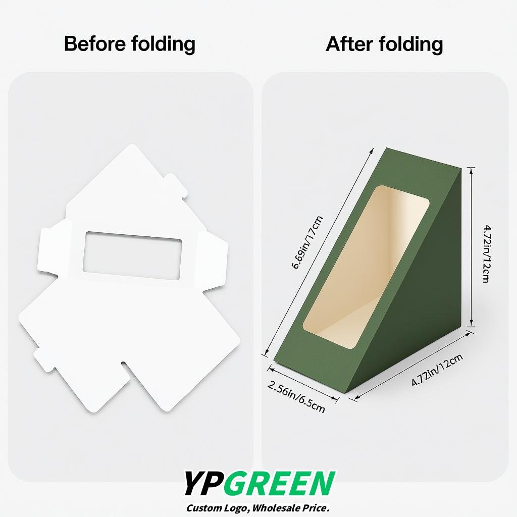 Verdigris Triangle Paper Sandwich Boxes with Window 4.7x4.7x2.6 Inch - Factory Direct