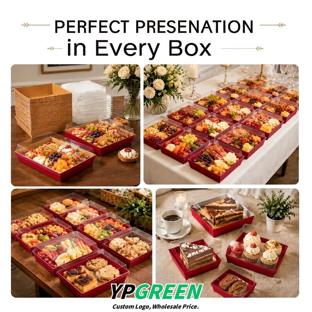 Vermilion Charcuterie Boxes with Clear Lids - 4 inches & 5 inches Disposable Paper Square Food Containers