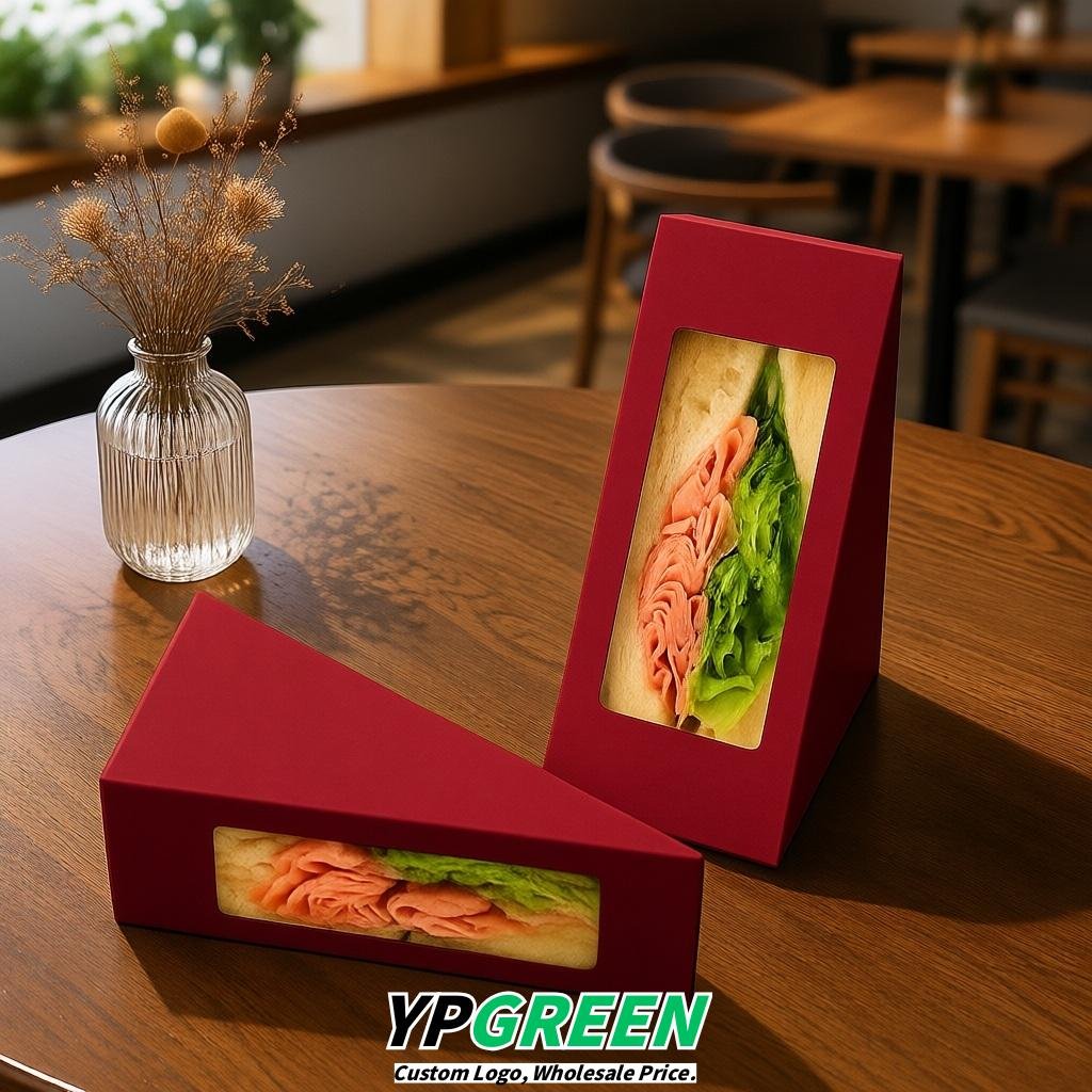Vermilion Triangle Paper Sandwich Boxes with Window 4.7x4.7x2.6 Inch - Factory Direct