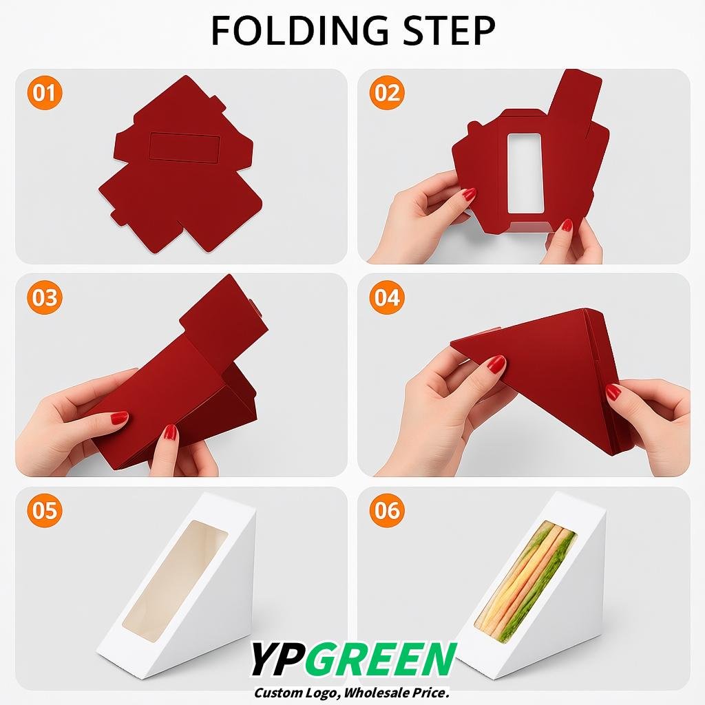 Vermilion Triangle Paper Sandwich Boxes with Window 4.7x4.7x2.6 Inch - Factory Direct