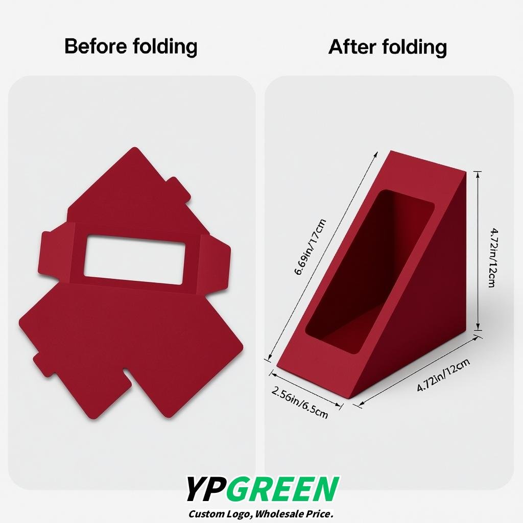 Vermilion Triangle Paper Sandwich Boxes with Window 4.7x4.7x2.6 Inch - Factory Direct