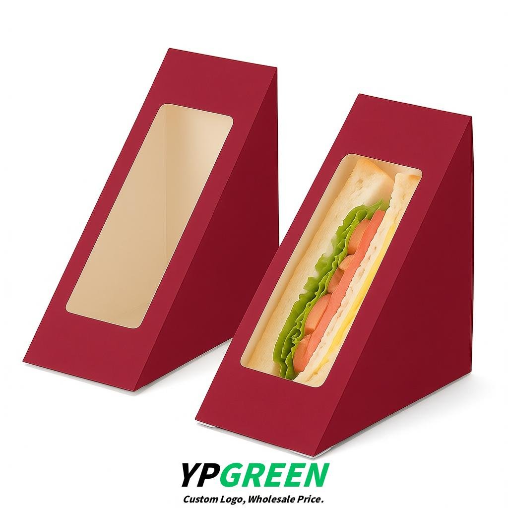 Vermilion Triangle Paper Sandwich Boxes with Window 4.7x4.7x2.6 Inch - Factory Direct