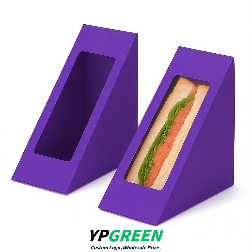 Violet Triangle Paper Sandwich Boxes with Window 4.7x4.7x2.6 Inch - Factory Direct