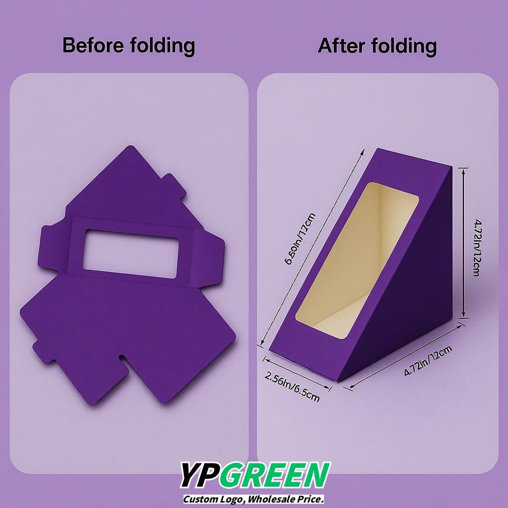 Violet Triangle Paper Sandwich Boxes with Window 4.7x4.7x2.6 Inch - Factory Direct
