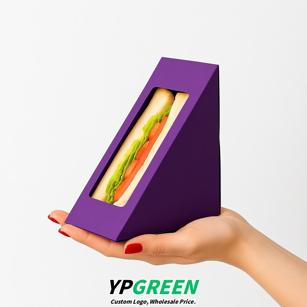 Violet Triangle Paper Sandwich Boxes with Window 4.7x4.7x2.6 Inch - Factory Direct