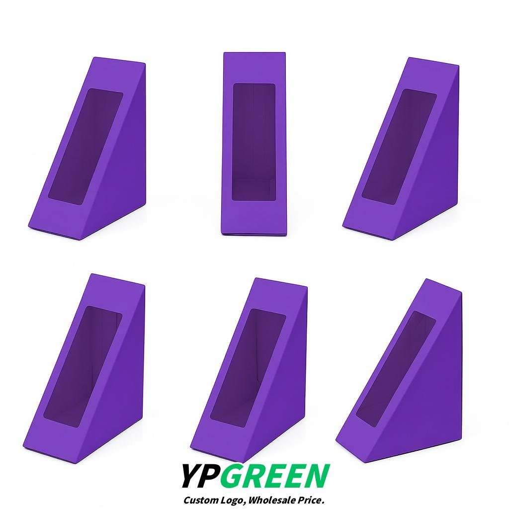 Violet Triangle Paper Sandwich Boxes with Window 4.7x4.7x2.6 Inch - Factory Direct