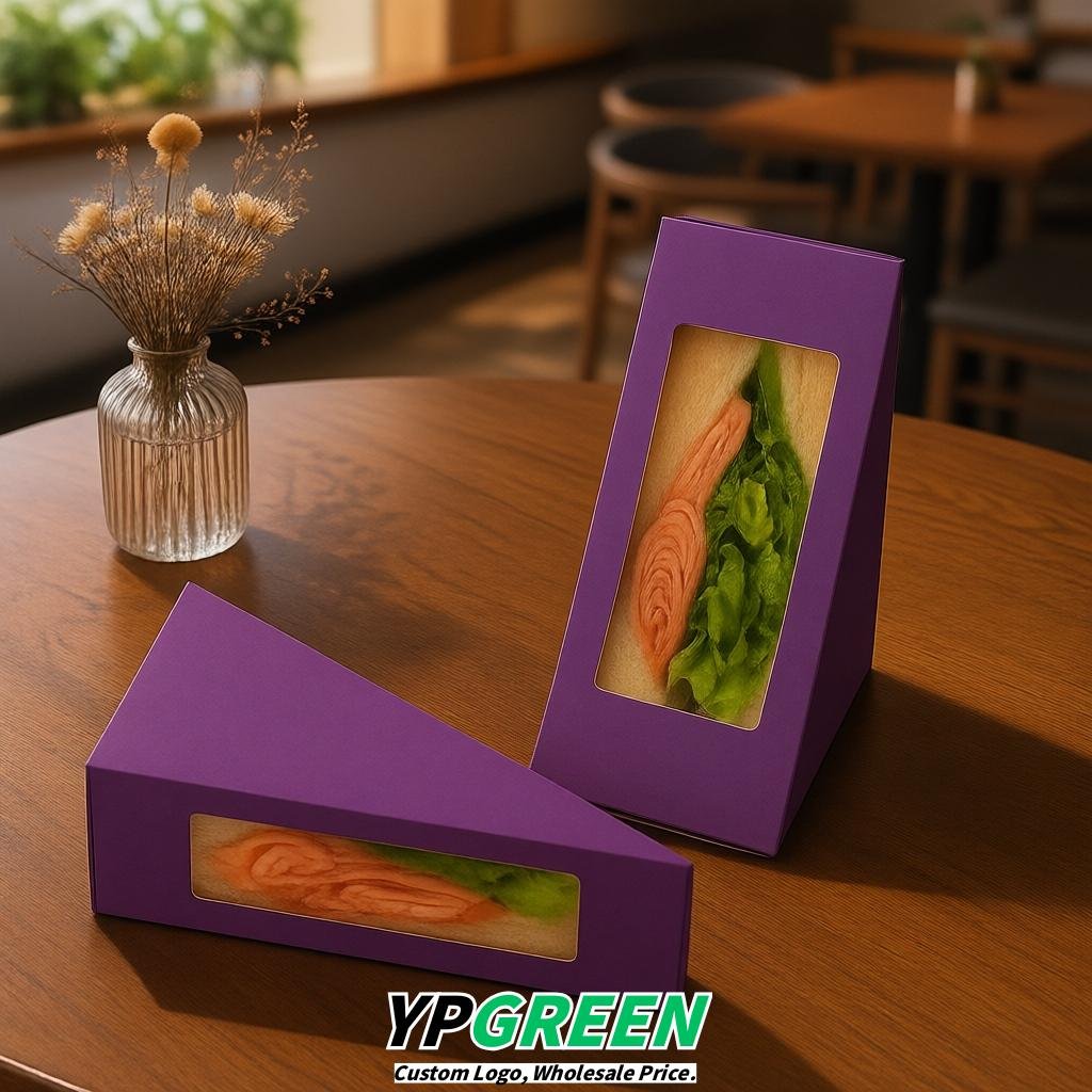 Violet Triangle Paper Sandwich Boxes with Window 4.7x4.7x2.6 Inch - Factory Direct