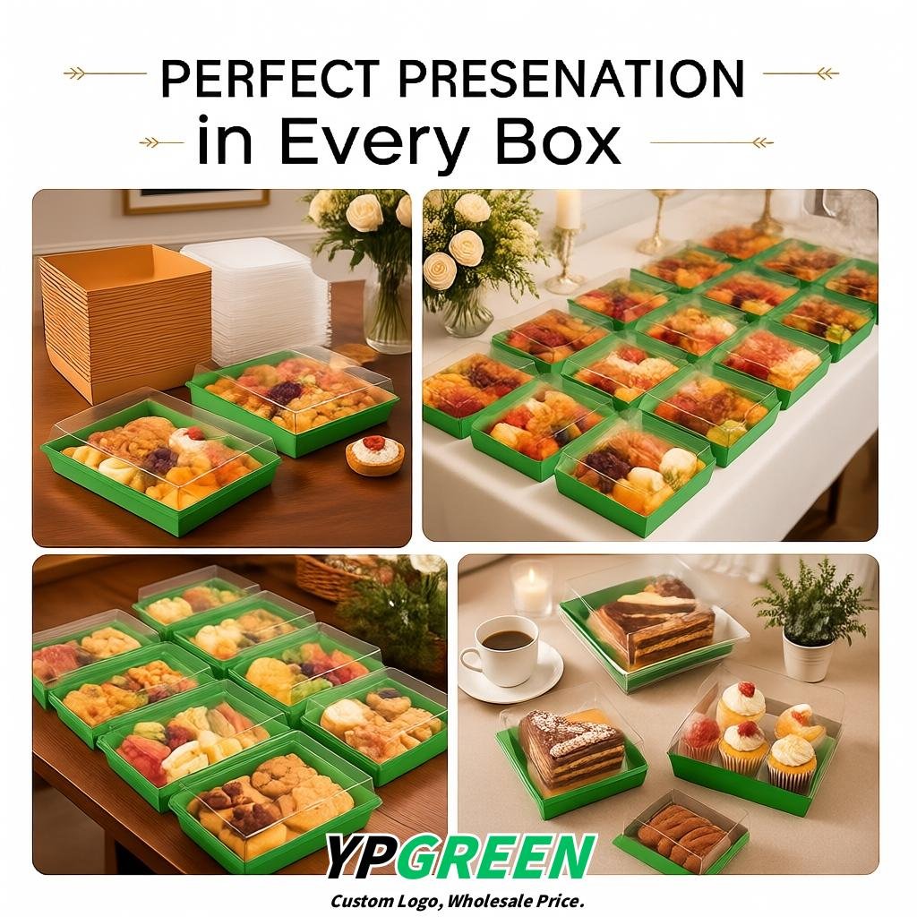 Viridian Charcuterie Boxes with Clear Lids - 4 inches & 5 inches Disposable Paper Square Food Containers