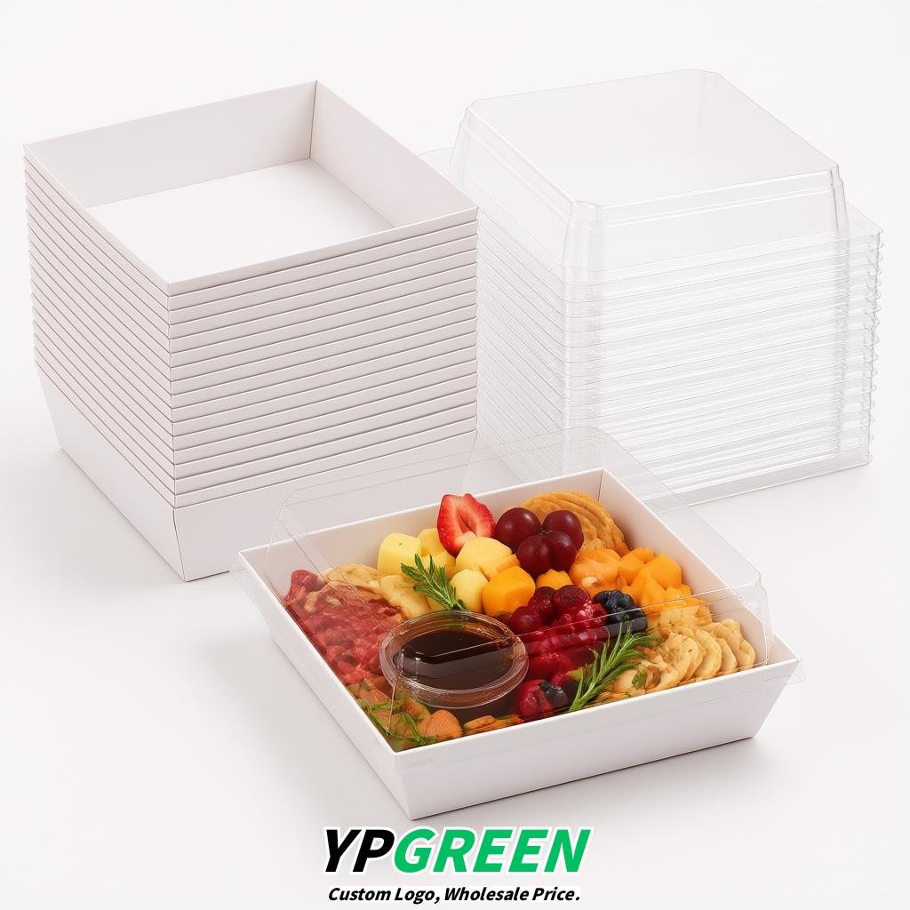 White Charcuterie Boxes with Clear Lids - 4 inches & 5 inches Disposable Paper Square Food Containers