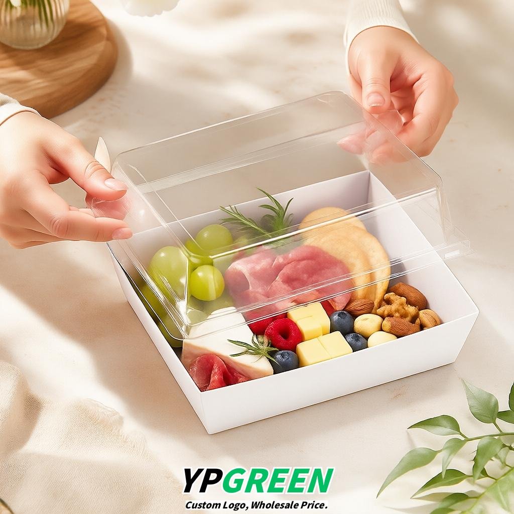 White Charcuterie Boxes with Clear Lids - 4 inches & 5 inches Disposable Paper Square Food Containers