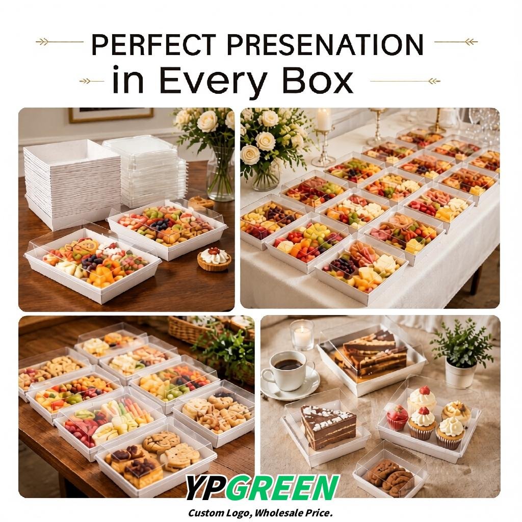White Charcuterie Boxes with Clear Lids - 4 inches & 5 inches Disposable Paper Square Food Containers