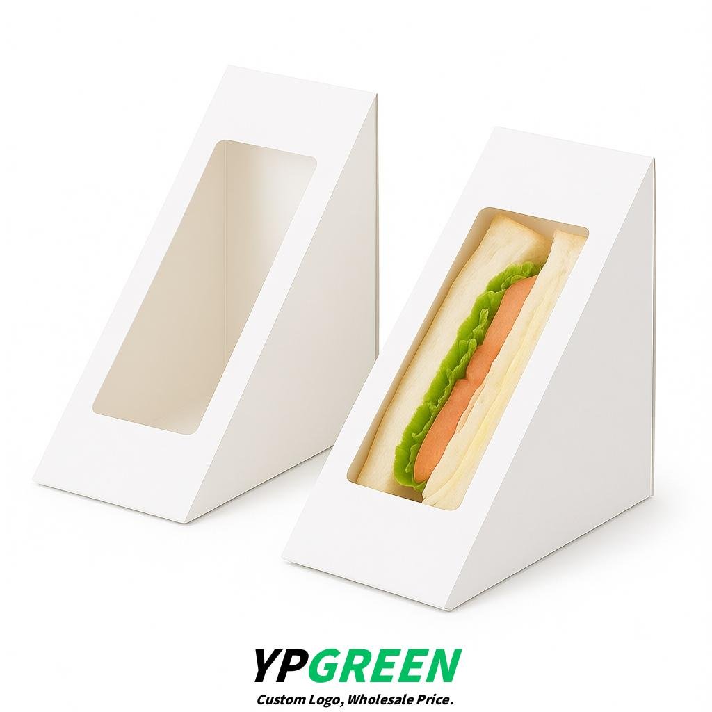 White Triangle Paper Sandwich Boxes with Window 4.7x4.7x2.6 Inch - Factory Direct