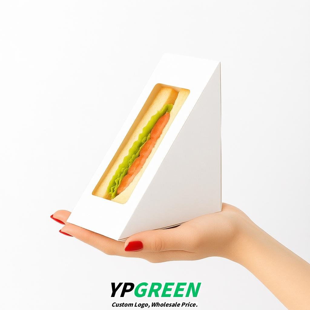 White Triangle Paper Sandwich Boxes with Window 4.7x4.7x2.6 Inch - Factory Direct