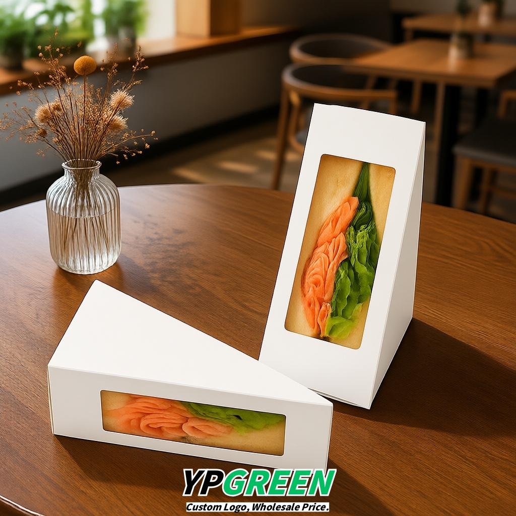 White Triangle Paper Sandwich Boxes with Window 4.7x4.7x2.6 Inch - Factory Direct