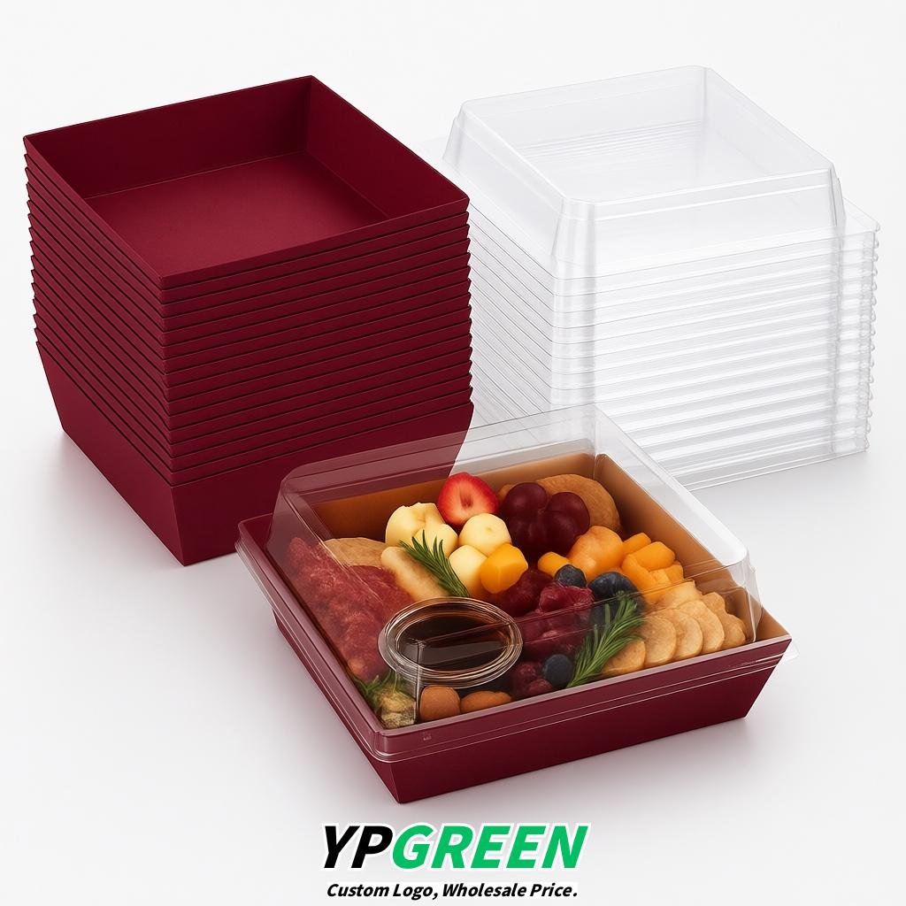 Wine Red Charcuterie Boxes with Clear Lids - 4 inches & 5 inches Disposable Paper Square Food Containers