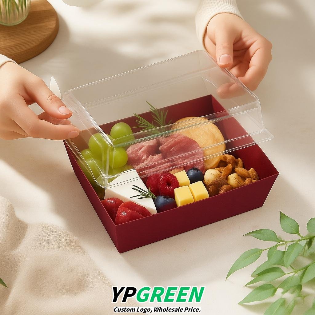 Wine Red Charcuterie Boxes with Clear Lids - 4 inches & 5 inches Disposable Paper Square Food Containers
