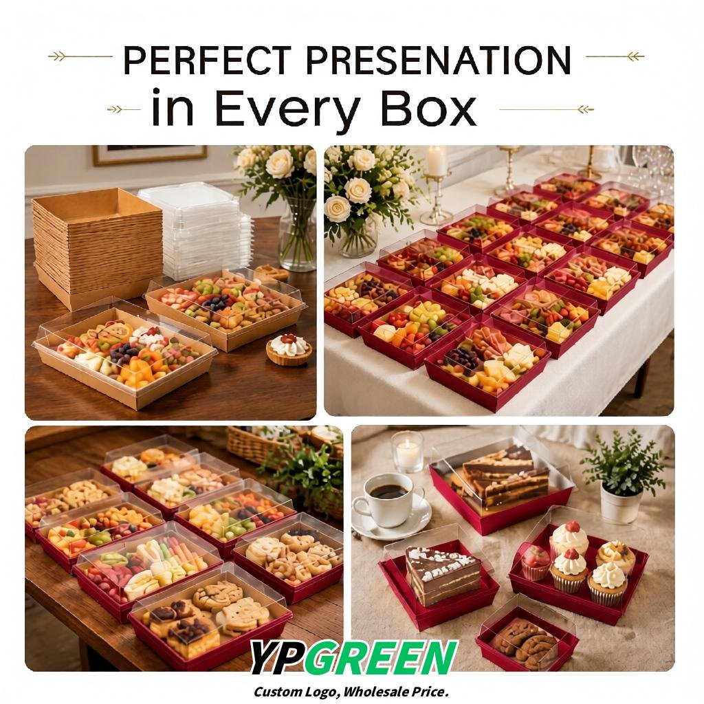 Wine Red Charcuterie Boxes with Clear Lids - 4 inches & 5 inches Disposable Paper Square Food Containers