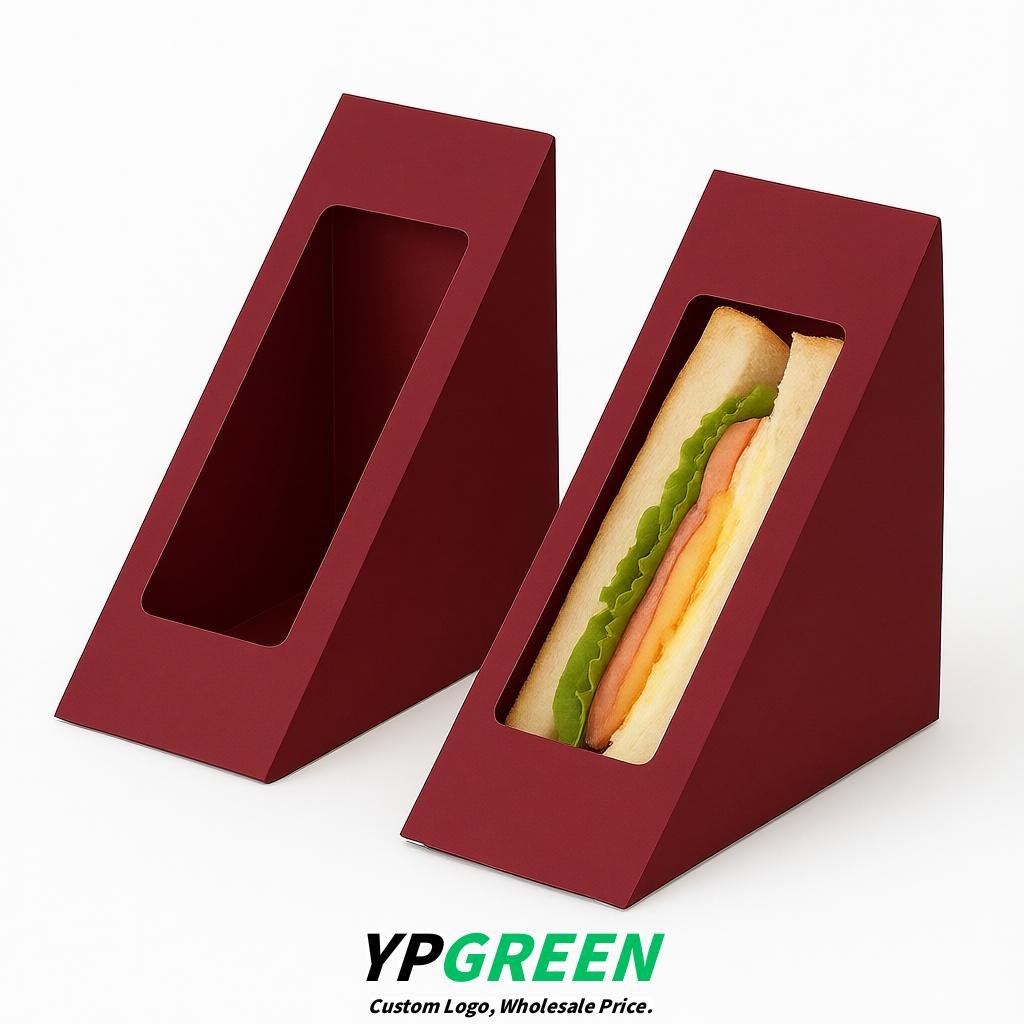 Wine Red Triangle Paper Sandwich Boxes with Window 4.7x4.7x2.6 Inch - Factory Direct