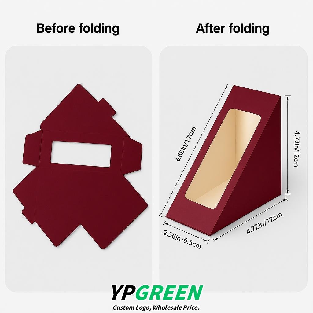 Wine Red Triangle Paper Sandwich Boxes with Window 4.7x4.7x2.6 Inch - Factory Direct