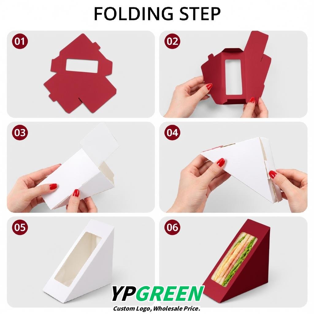 Wine Red Triangle Paper Sandwich Boxes with Window 4.7x4.7x2.6 Inch - Factory Direct