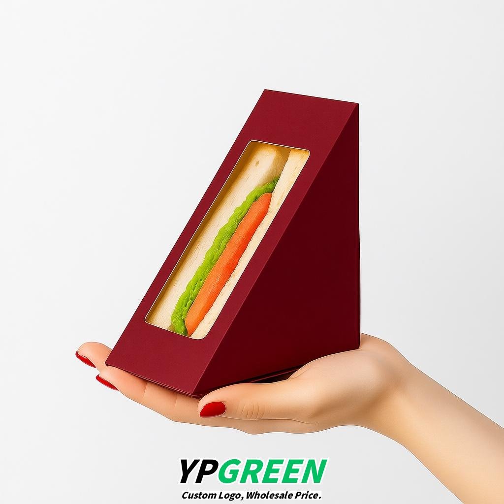 Wine Red Triangle Paper Sandwich Boxes with Window 4.7x4.7x2.6 Inch - Factory Direct