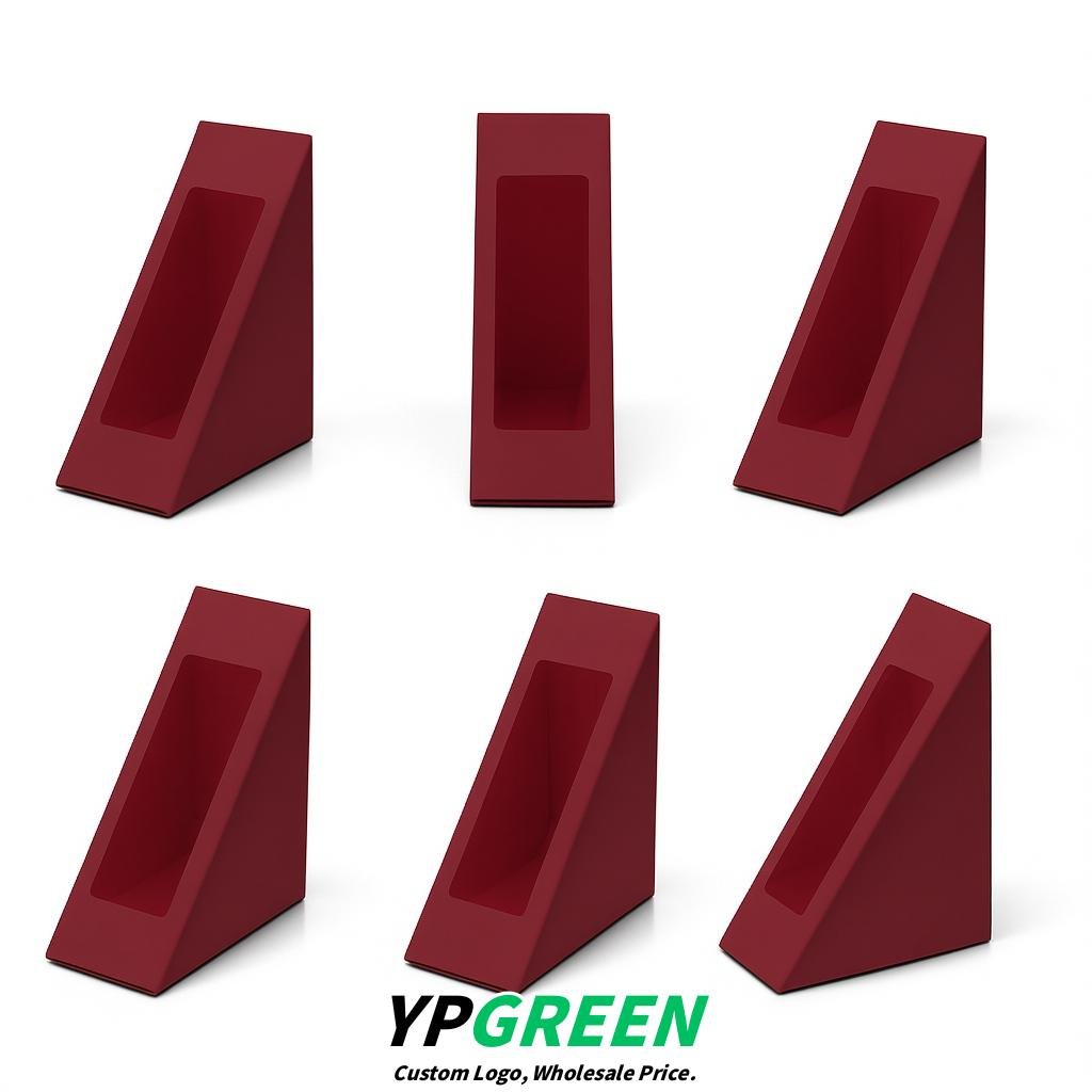 Wine Red Triangle Paper Sandwich Boxes with Window 4.7x4.7x2.6 Inch - Factory Direct