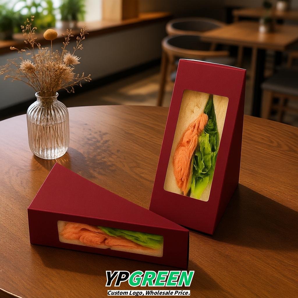 Wine Red Triangle Paper Sandwich Boxes with Window 4.7x4.7x2.6 Inch - Factory Direct