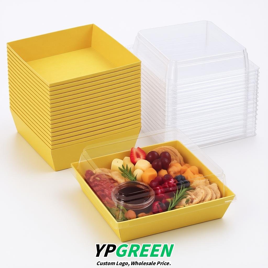 Yellow Charcuterie Boxes with Clear Lids - 4 inches & 5 inches Disposable Paper Square Food Containers